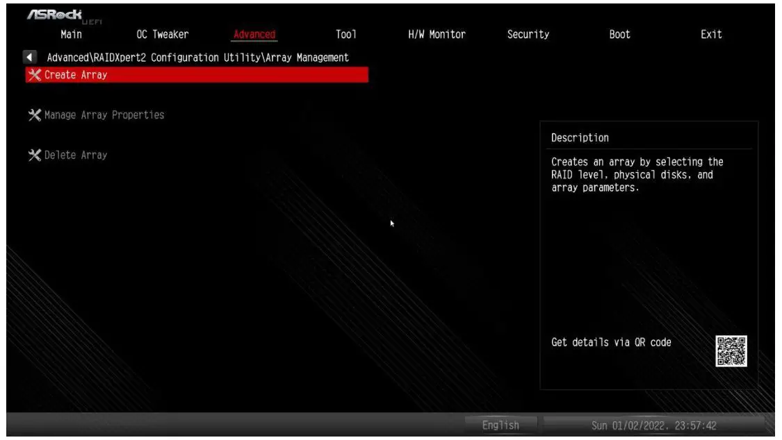 ASRock X670E Taichi Motherboard - Go to Advanced RAIDXpert2 Configuration Utility Array Management Create Array