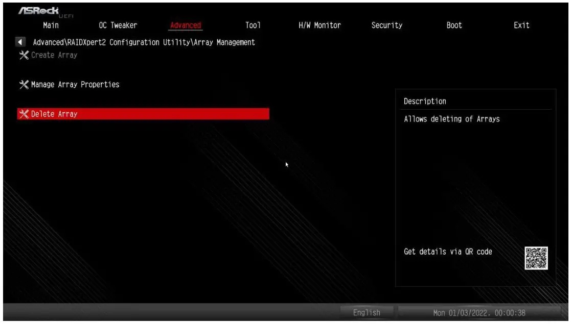 ASRock X670E Taichi Motherboard - Go to Advanced RAIDXpert2 Configuration Utility Array Management