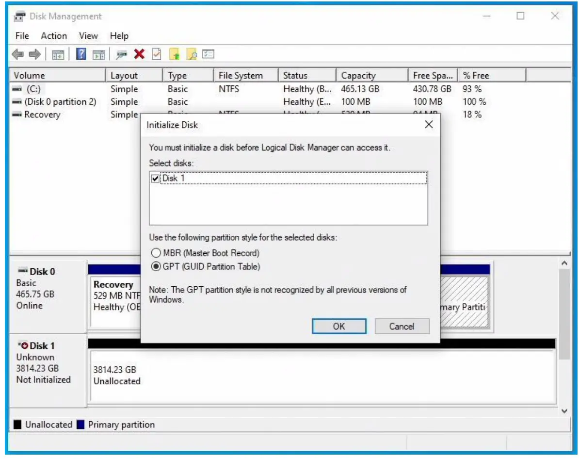 ASRock X670E Taichi Motherboard - In Windows open “Disk Management”. You will be prompted to initialize the disk