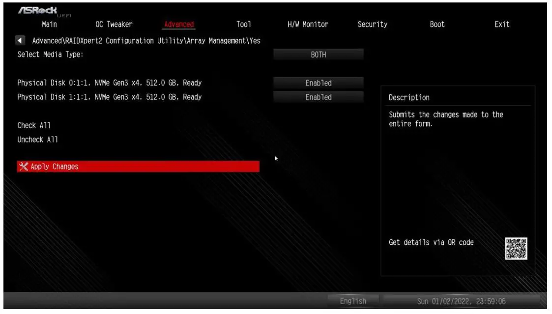 ASRock X670E Taichi Motherboard - Select “Check All” or enable specific drives that you want to use in the array