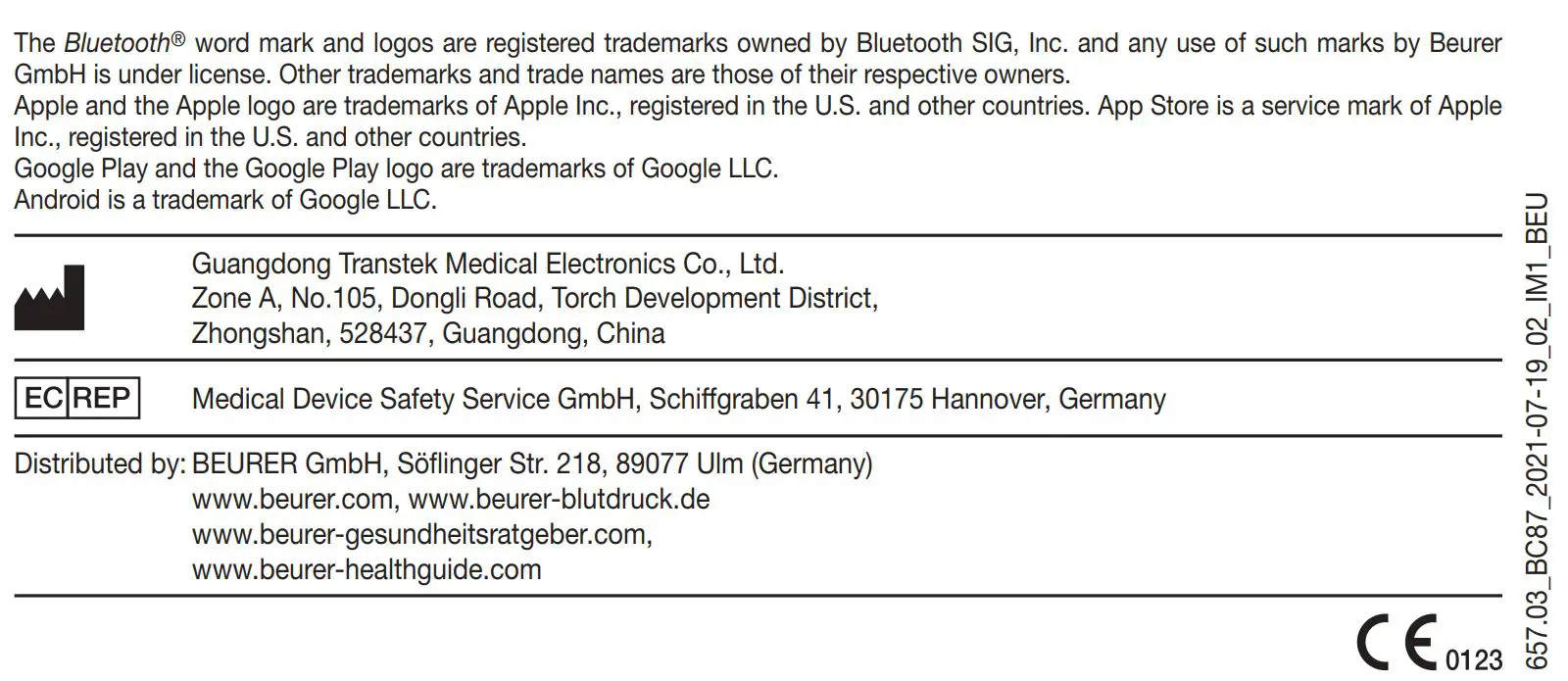 beurer BC 87 Wrist Blood Pressure Monitor Instruction Manual - Address
