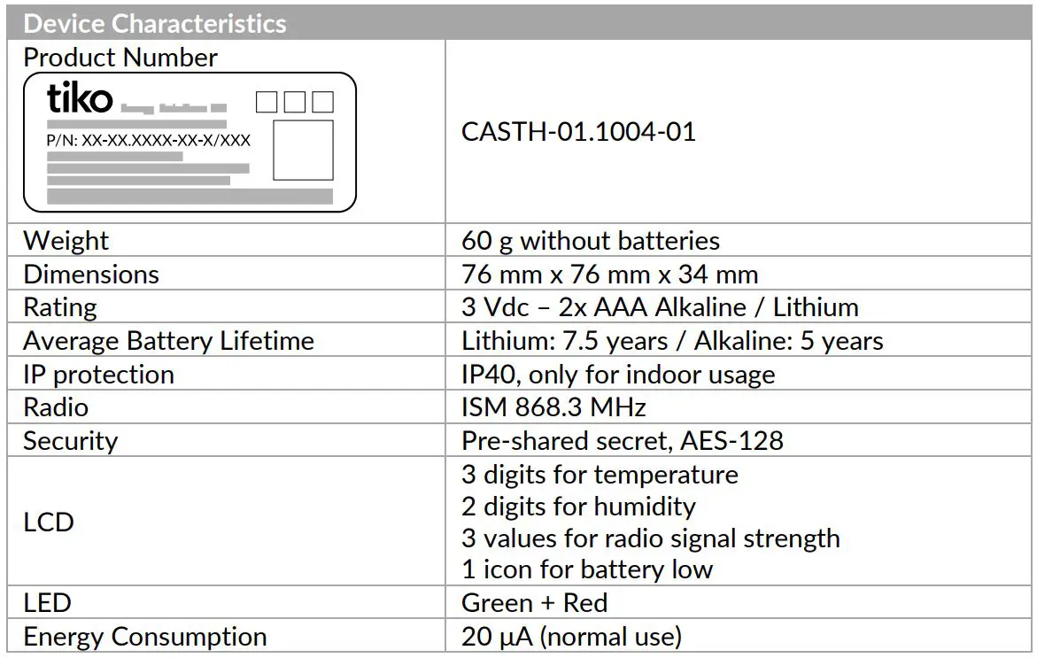 tiko Sense-3 Temperature and Humidity Sensor User Manual - Specifications