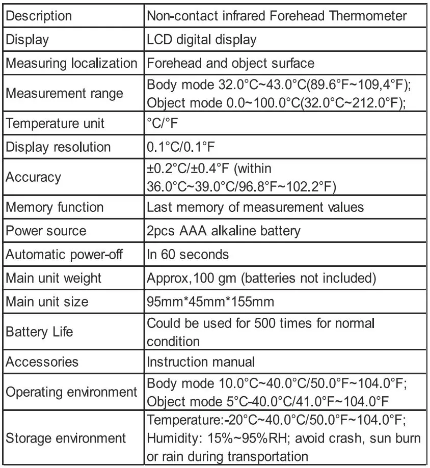 GLEN LZX-F16682 Infrared Thermometer User Guide - Specifications