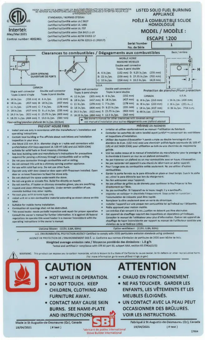 DROLET DB03182 Escape 1200 Wood Stove - FIGURE 1