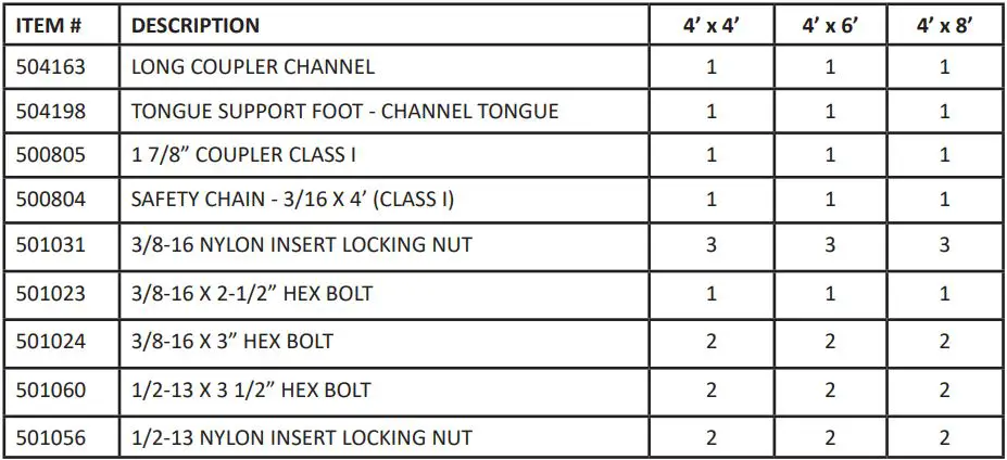 Westbrook 4′ x 8′ Galvanized Kit Trailers User Manual - Hitch and safety chains