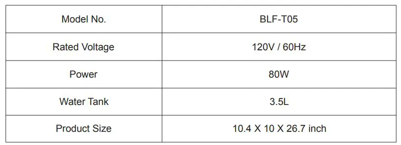 Lifeplus BTL-T05 Portable Evaporative Air Cooler - SPECIFICATIONS