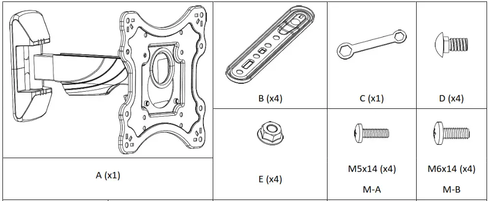 DIGITUS DA-90377 23 inch - 55 inch Universal Full Motion TV Wall Mount Bracket - Package Content