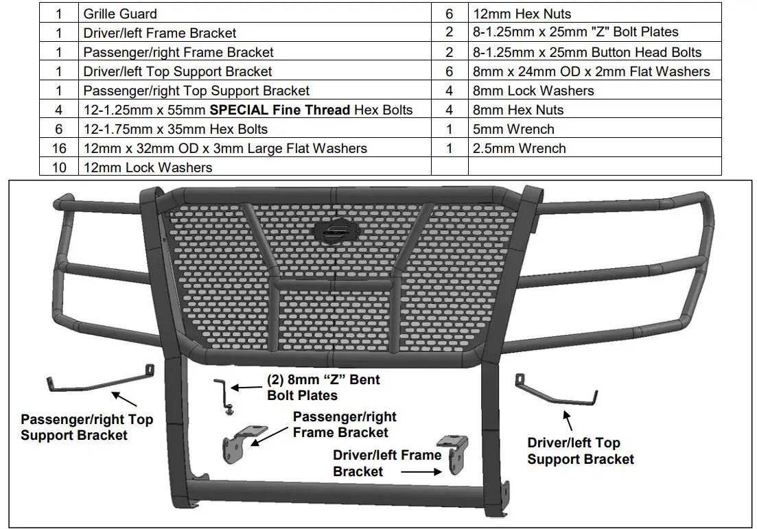 STEELCRAFT HD Car Grille Guards Instruction Manual - PARTS LIST