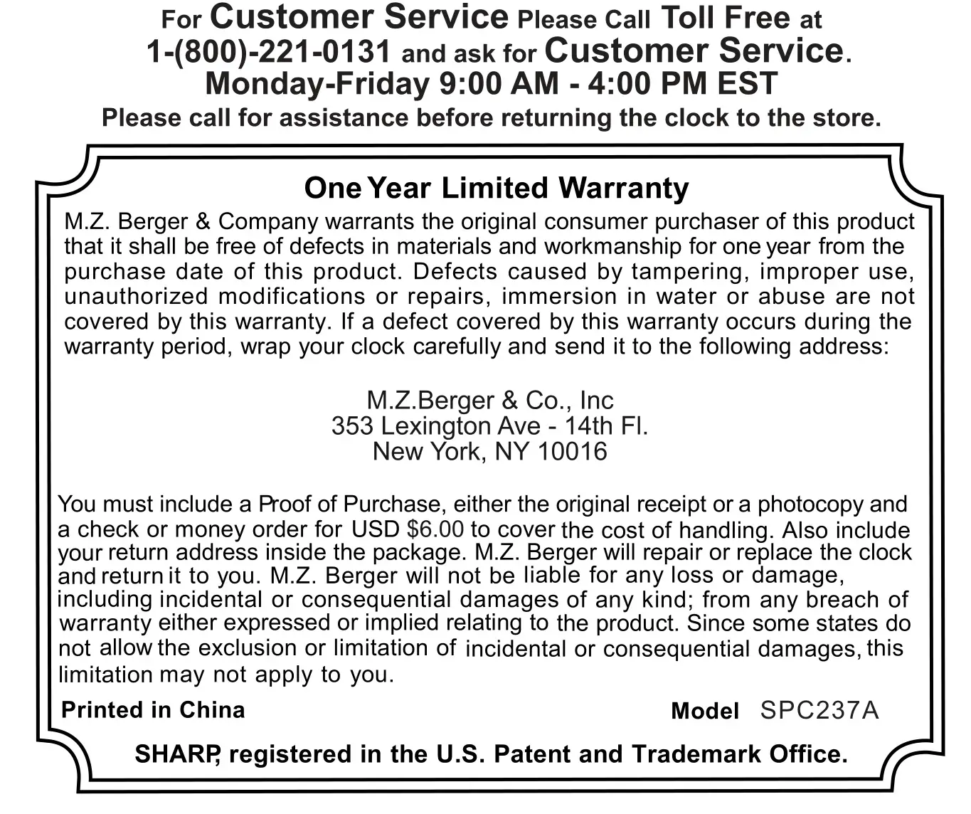 SHARP SPC237A Qi Wireless Charging Alarm Clock - one year limited warranty