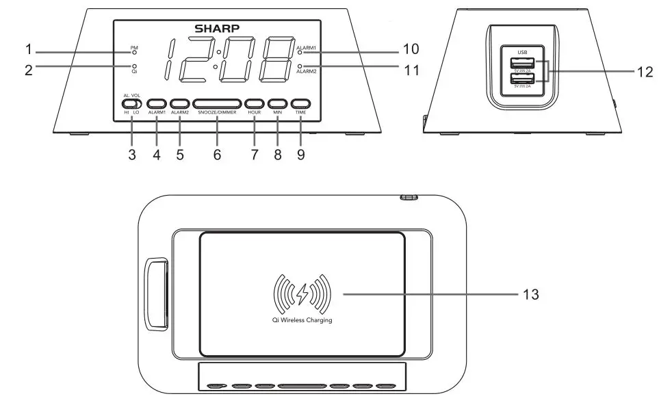 SHARP SPC237A Qi Wireless Charging Alarm Clock - overview