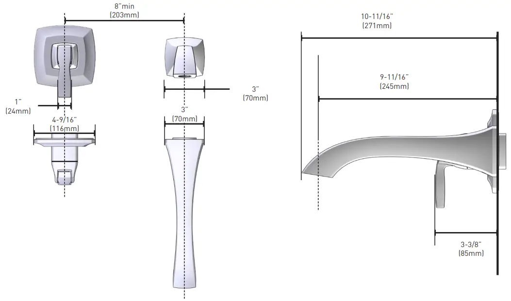 MOEN WT691ORB One Handle Wall Mount Tub Filler - DIMENSIONS