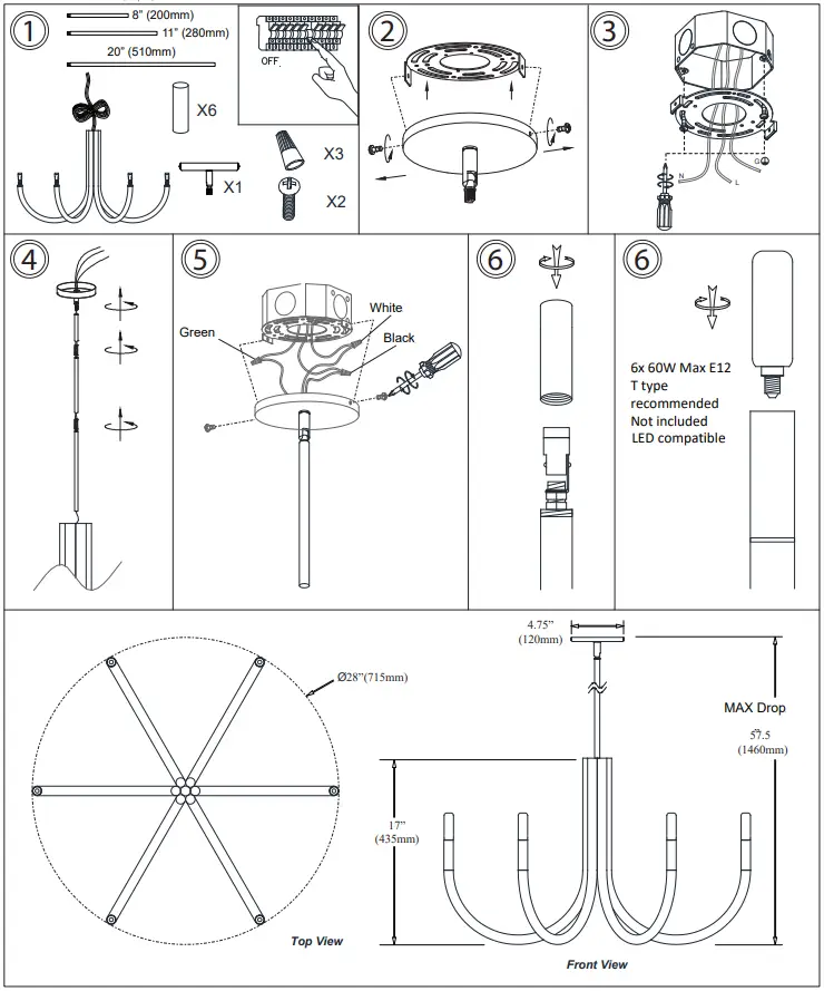 Dainolite WAN 286C Wand 6 Light Black Modern Contemporary Chandelier