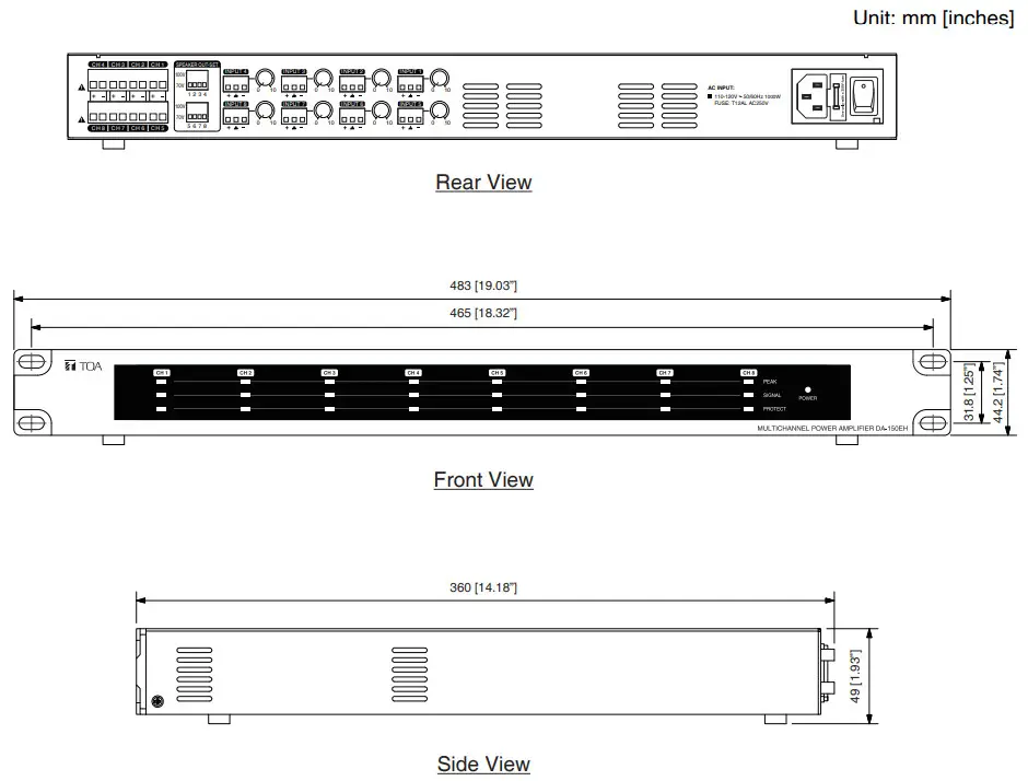 TOA DA 150EH AM Multichannel Power Amplifier - DIMENSIONAL DIAGRAM