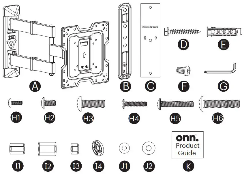 onn 100027964 Full Motion TV Wall Mount User Guide - What's in the Box