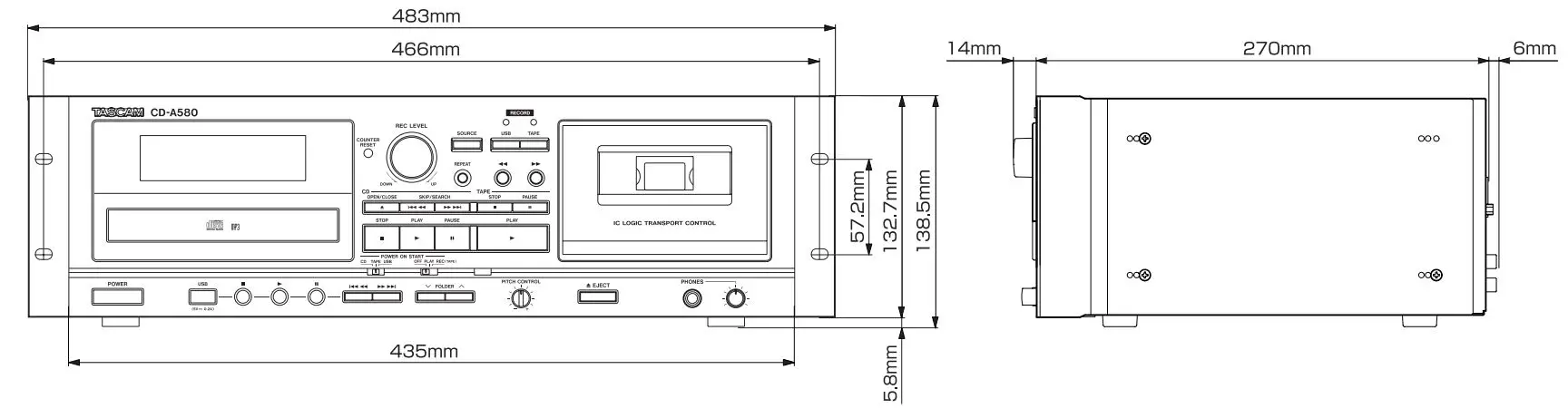 TASCAM CD Player Cassette Deck Owner’s Manual - Dimensional drawings