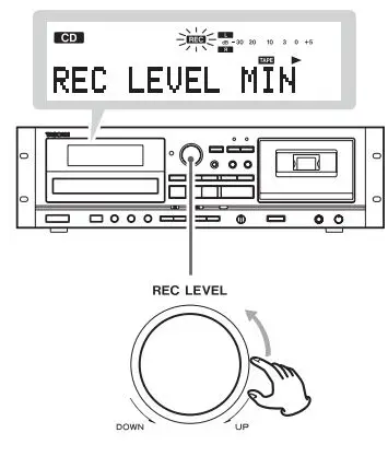 TASCAM CD Player Cassette Deck Owner’s Manual - Set the REC LEVEL control to the minimum MIN position
