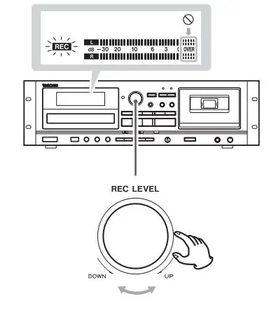 TASCAM CD Player Cassette Deck Owner’s Manual - Use the REC LEVEL knob to adjust the recording level