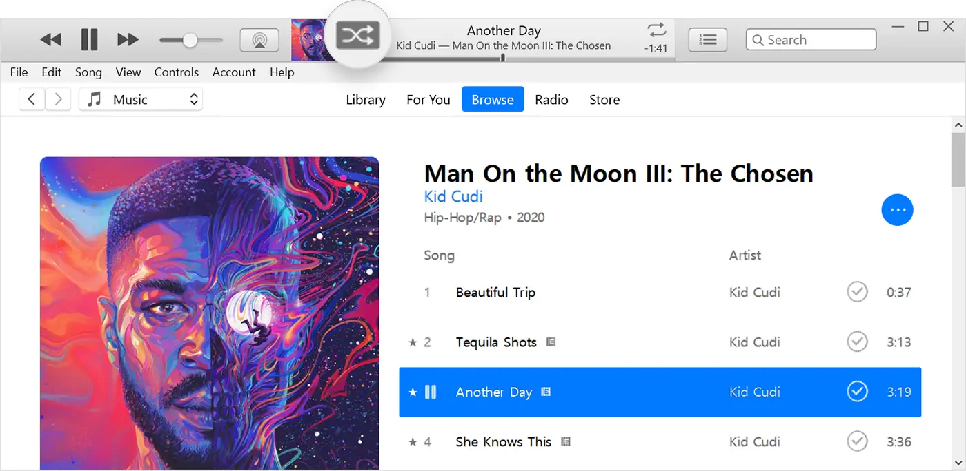 iTunes showing Shuffle is turned on at the top of the window
