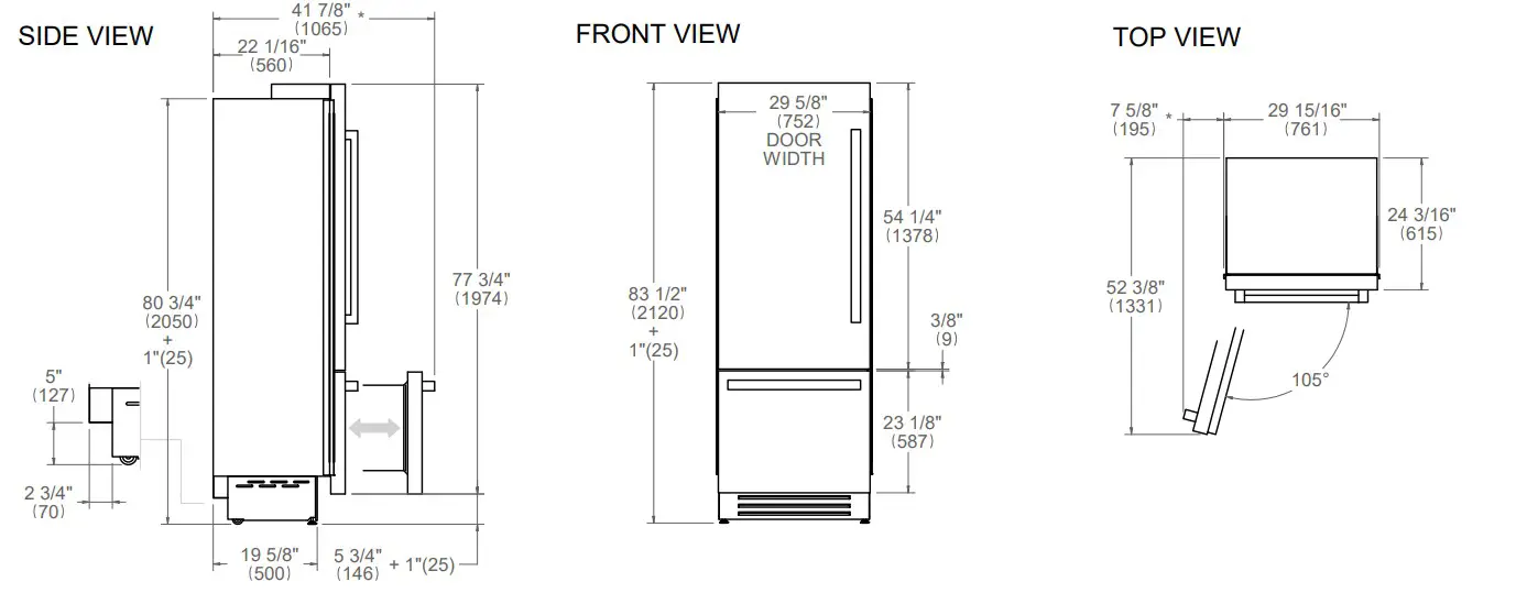 BERTAZZONI REF30BMBIXLT 30 Inch Stainless Steel Left Hinge Built In Bottom Mount Refrigerator - SIDE VIEW