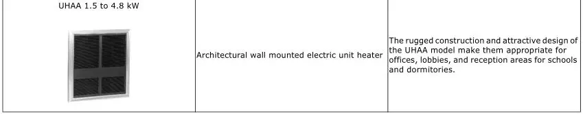 Trane Electric Unit Heaters - Model Description Table