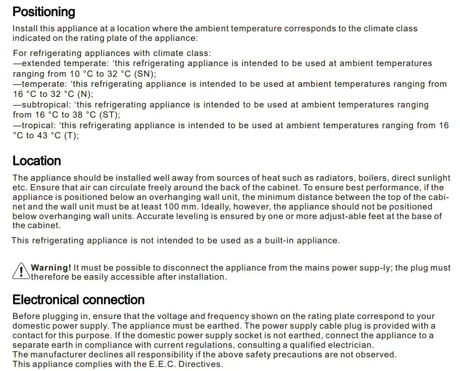 beko CF200WN Chest Freezer Instruction Manual - Positioning