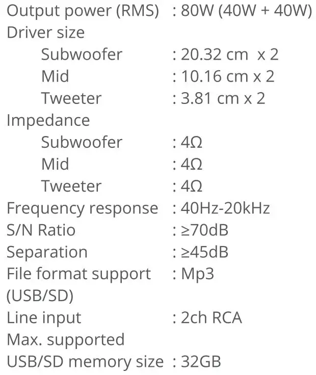ZEBRONICS ZEB-BT8500RUCF Tower Speaker User Manual - Specification