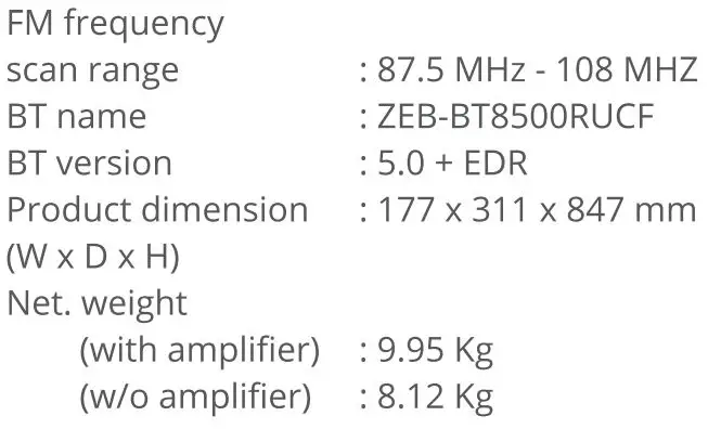 ZEBRONICS ZEB-BT8500RUCF Tower Speaker User Manual - Specification