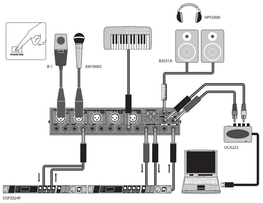 behringer XENYX 1002B Premium 10 Input 2 Bus Mixer with XENYX Preamps - Hook up2