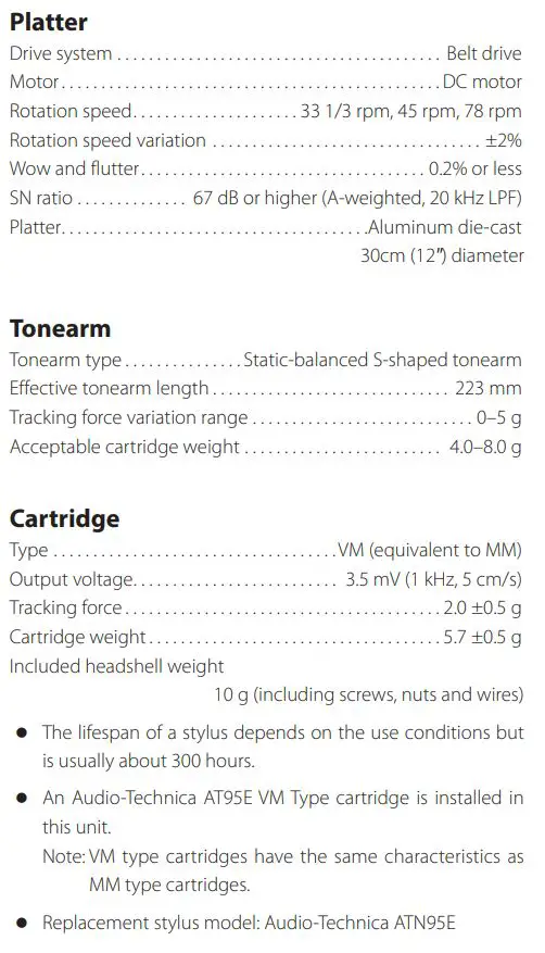 TEAC TN-400BT-SE Manual Belt Drive Turntable Owner's Manual - Specifications