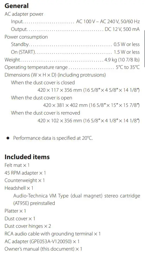TEAC TN-400BT-SE Manual Belt Drive Turntable Owner's Manual - Specifications