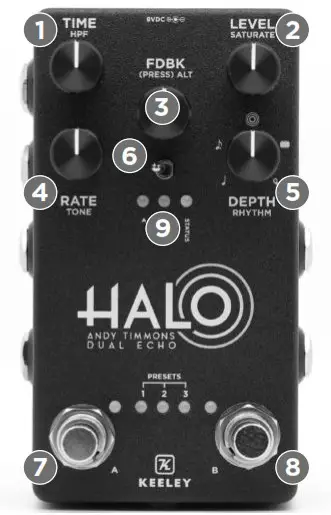 KEELEY KHaloB12 Halo Andy Timmons Dual Echo Pedal - PRIMARY CONTROLS