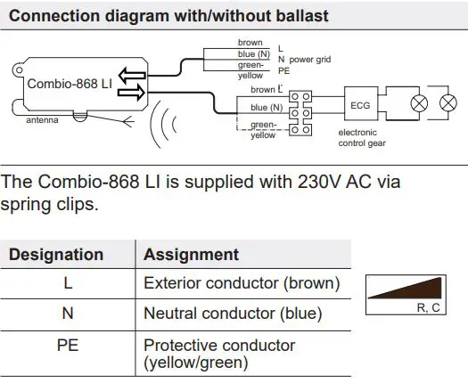 elero Combio-868 LI Built In Radio Receiver for Lighting Systems Instruction Manual - Terminal connection diagram