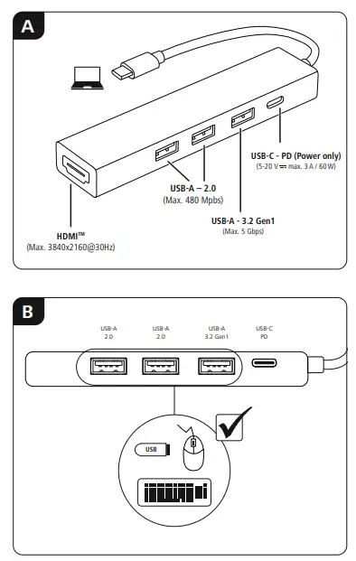 hama 00200117 External 4 Port USB C Hub USB Powered-