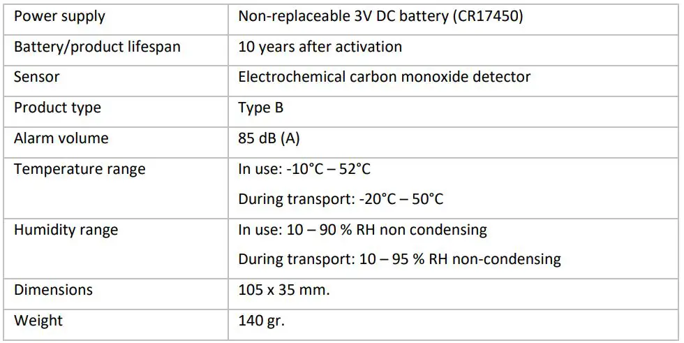 ELRO PK4910 Carbon Monoxide Alarm Instruction Manual - Technical specifications