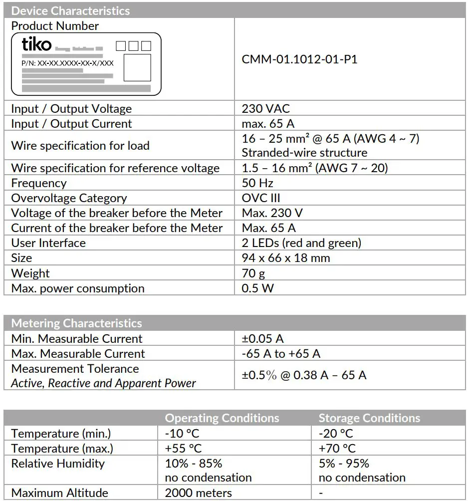 tiko Class C Active Power Meter User Manual - Specifications