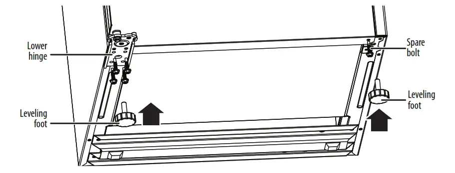 Install the lower hinge on the bottom left side of the refrigerator cabinet