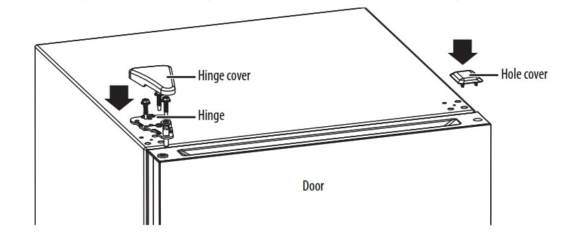 Install the upper hinge and hinge on the left side of the refrigerator cabinet
