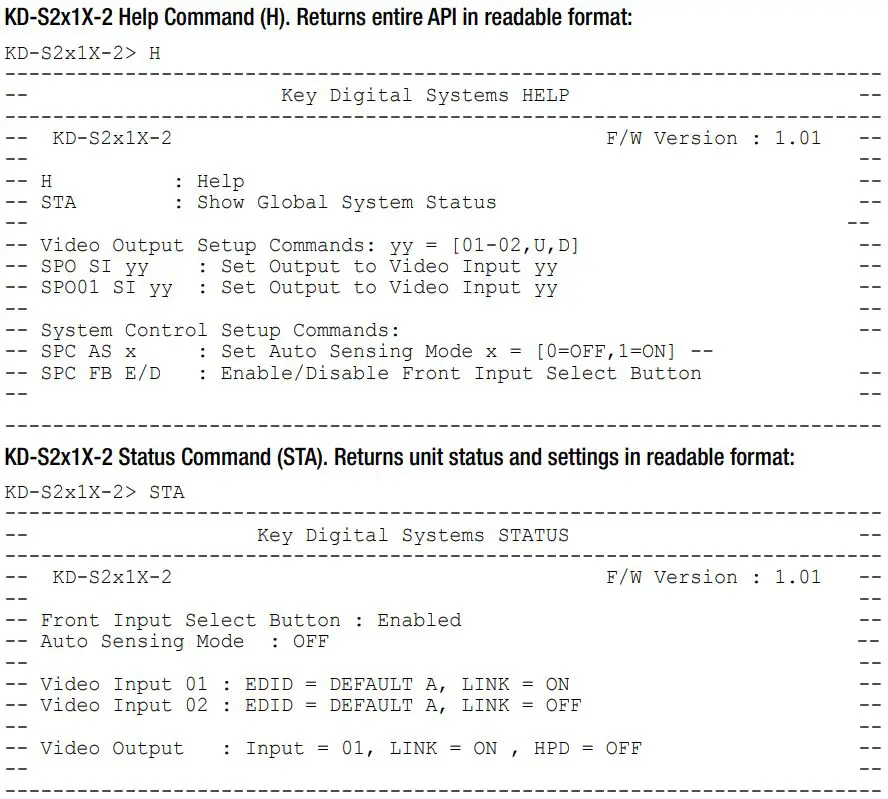 Key digital KD-S2x1X-2 2x1 4x1 4K 18G HDMI Switcher Instruction Manual - RS-232 Commands & Protocol