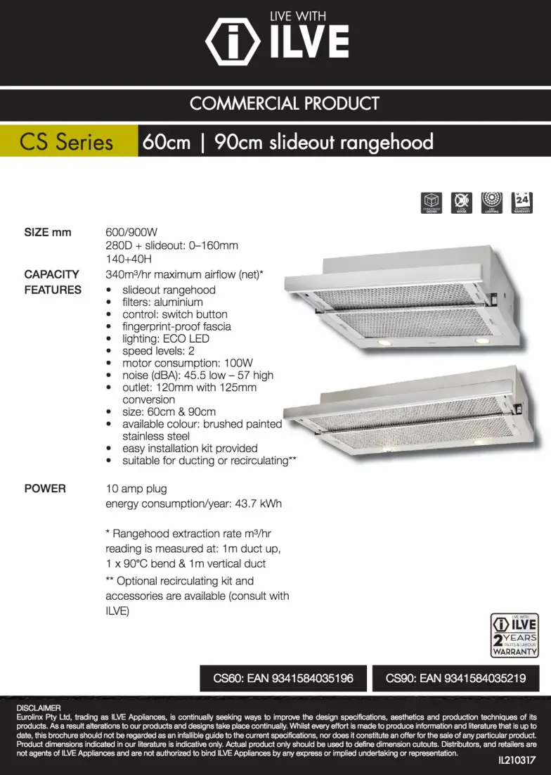 ILVE 60cm 90cm Slideout rangehood Instructions, Specification & Disclaimer Info.