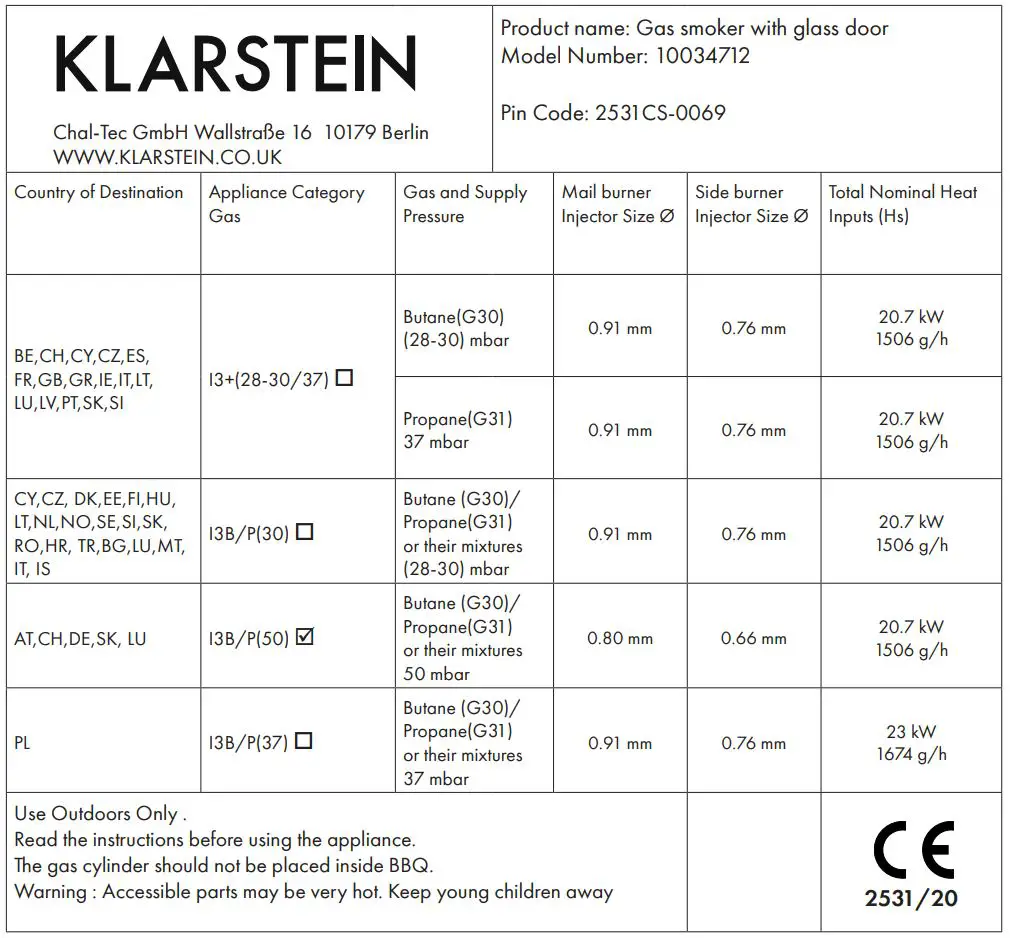 KLARSTEIN 10034712 TOMAHAWK Gas Grill Instruction Manual - TECHNICAL DATA
