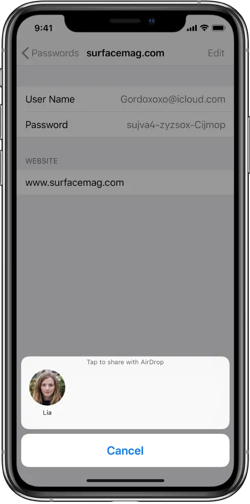 The account screen for a website. At the bottom of the screen, a button shows a picture of Lia under the instruction “Tap to share with AirDrop.”