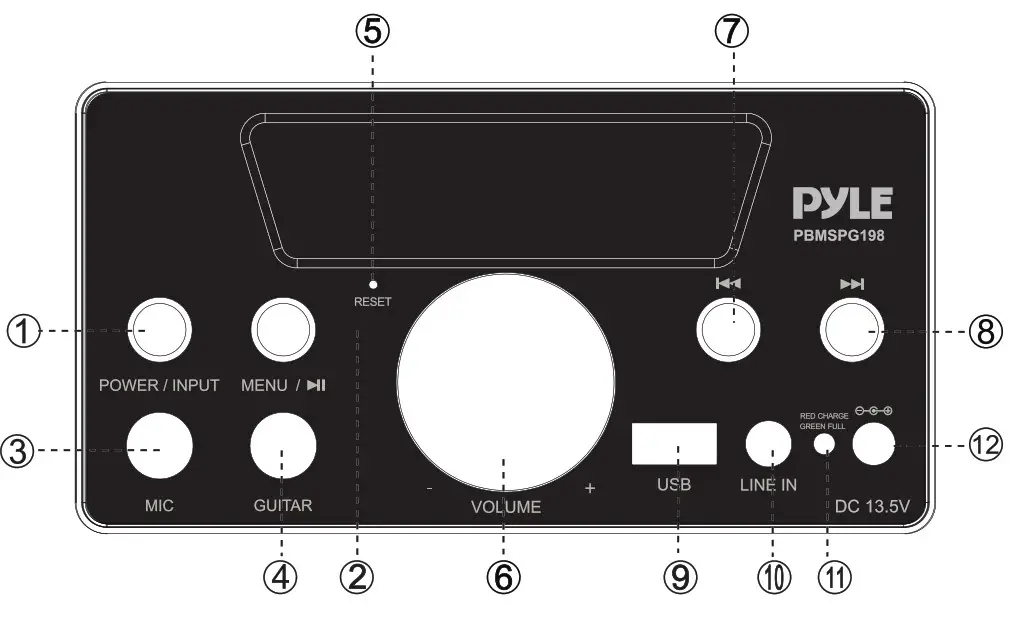 PYLE PBMSPG198 Street Blaster Wireless BT Streaming Boom Box Speaker- FRONT PANEL FUNCTIONS