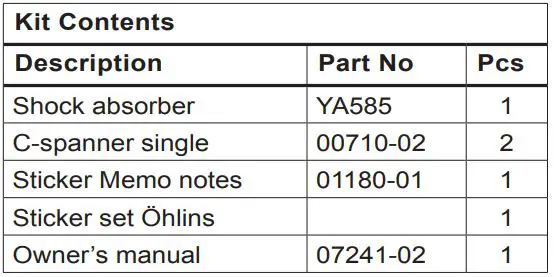 HLINS YA 585 Mono Adjustable Rear Shock Absorber Stx46 Street - Kit Contents