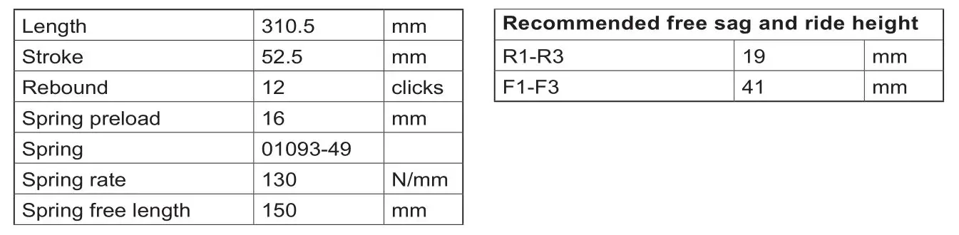 HLINS YA 585 Mono Adjustable Rear Shock Absorber Stx46 Street - SETUP DATA
