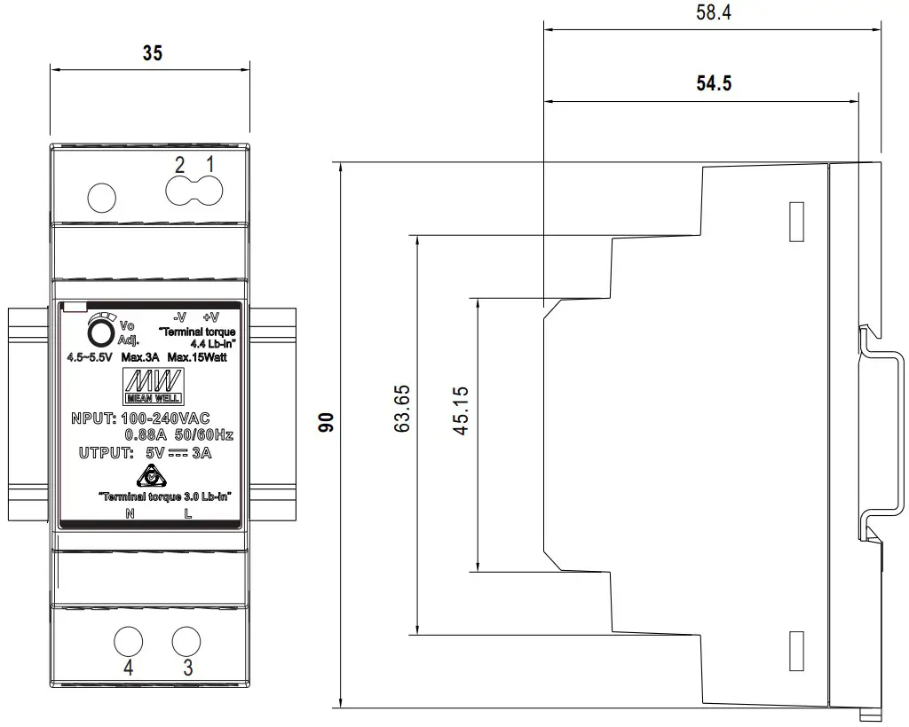 MW HDR 30 series 30W Ultra Slim Step Shape DIN Rail - Figure 1