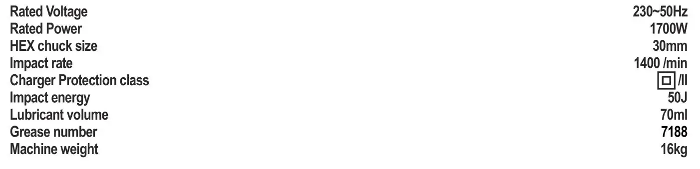 Wickes PDH170DS Breaker 1700W - TECHNICAL DATA