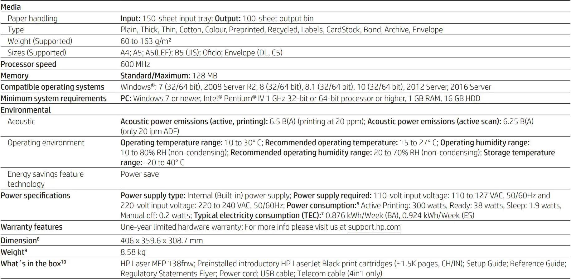 hp Laser MFP 138fnw User Guide - Technical specifications