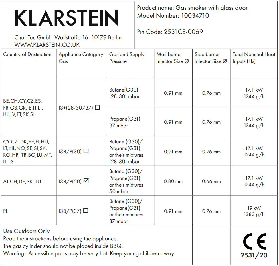KLARSTEIN 10034710 TOMAHAWK Gas Grill Instruction Manual - TECHNICAL DATA