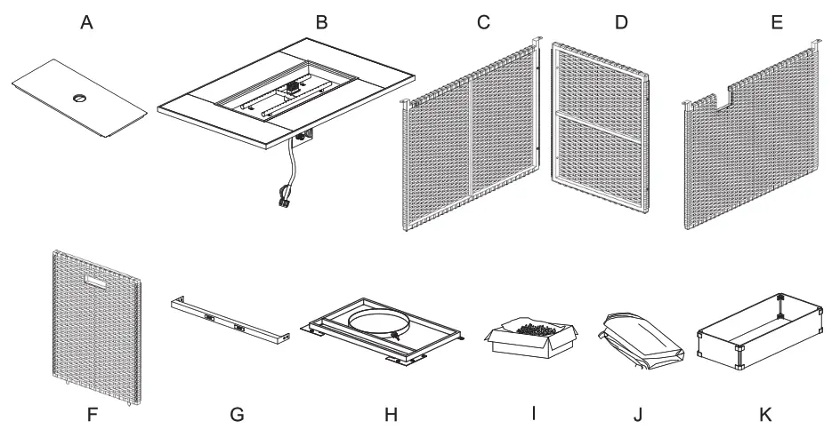 UNBRANDED LWM-FT85343 Espresso Rectangular Wicker Outdoor Fire Pit Table - PARTS LIST