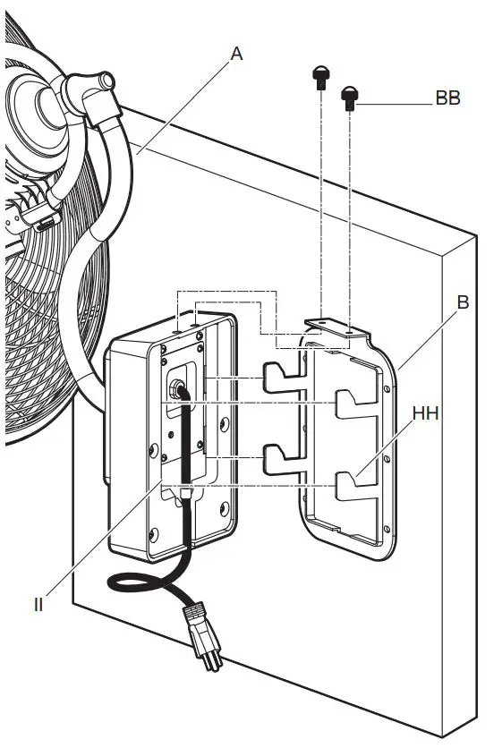 HOME DECORATORS COLLECTION AM183W-BN Bentley III 22 Inch Wall Fan User Guide - Hanging the fan to the wall mounting bracket
